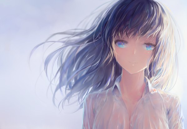 Anime picture 1200x827 with original kisei2 single long hair looking at viewer blush fringe blue eyes black hair simple background upper body blunt bangs light smile wind wet blue background wet clothes wet shirt girl shirt