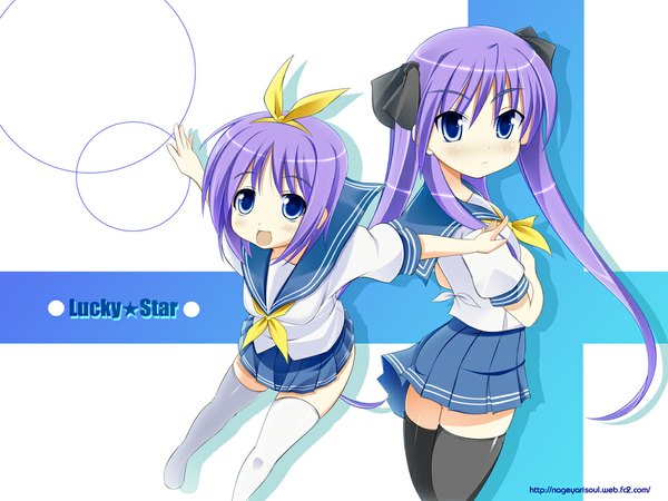Anime picture 1024x768 with lucky star kyoto animation hiiragi kagami hiiragi tsukasa white background girl thighhighs