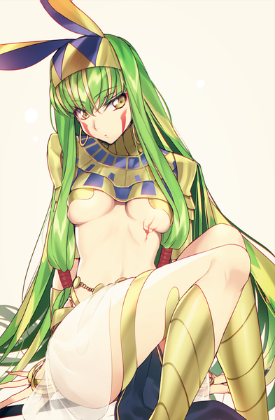 Anime picture 650x993 with fate (series) fate/grand order code geass sunrise (studio) c.c. nitocris (fate) single tall image looking at viewer blush fringe breasts light erotic simple background hair between eyes sitting bare shoulders yellow eyes bent knee (knees) very long hair
