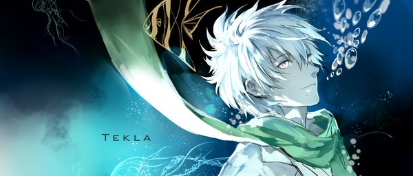 Anime picture 1401x599 with dramatical murder nitro+chiral clear (dmmd) tekla single looking at viewer short hair smile wide image signed white hair pink eyes mole text underwater boy animal water scarf bubble (bubbles)