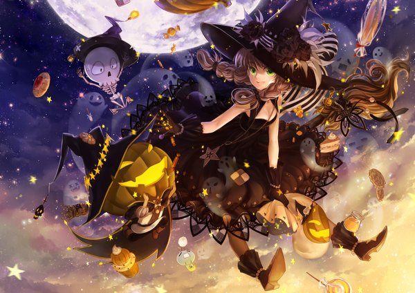 Anime picture 2000x1414 with original huazha01 single long hair highres brown hair green eyes braid (braids) night halloween witch girl dress gloves flower (flowers) hat black gloves food sweets star (symbol)