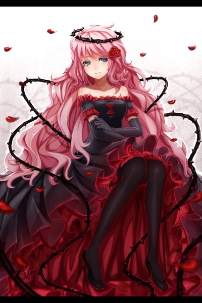 Anime picture 833x1250 with esg (essagna) single long hair tall image blush blue eyes bare shoulders pink hair hair flower girl dress gloves hair ornament flower (flowers) petals pantyhose elbow gloves rose (roses) red rose thorns