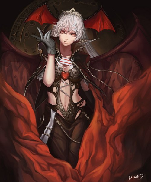 Anime picture 800x960 with original dantewontdie single long hair tall image fringe smile red eyes standing signed white hair parted lips bare belly demon girl demon wings head wings demon girl gloves navel