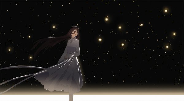 Anime picture 4814x2648 with yakusoku no neverland cloverworks isabella (yakusoku no neverland) laluna single long hair fringe highres black hair hair between eyes wide image standing looking away absurdres wind girl dress ribbon (ribbons) white dress insect