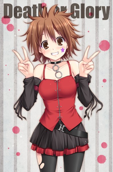 Anime picture 1160x1750 with k-on! kyoto animation hirasawa yui miyai max single tall image looking at viewer blush short hair smile brown hair bare shoulders brown eyes victory girl dress detached sleeves