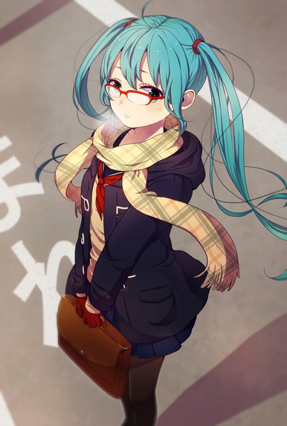 Anime picture 700x1036 with vocaloid hatsune miku io (polastar62) single long hair tall image looking at viewer twintails aqua eyes aqua hair girl skirt gloves miniskirt glasses scarf school bag red gloves plaid scarf