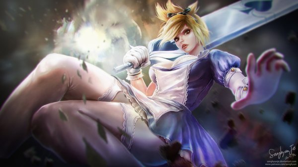 Anime picture 1536x864 with alice in wonderland league of legends riven (league of legends) sanghyunje single looking at viewer short hair breasts blonde hair wide image large breasts lips orange eyes cosplay girl thighhighs dress bow weapon hair bow