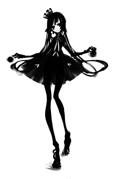 Anime picture 961x1493 with original kiku (kicdoc) single long hair tall image looking at viewer black hair simple background smile white background black eyes magic monochrome girl dress pantyhose boots crown
