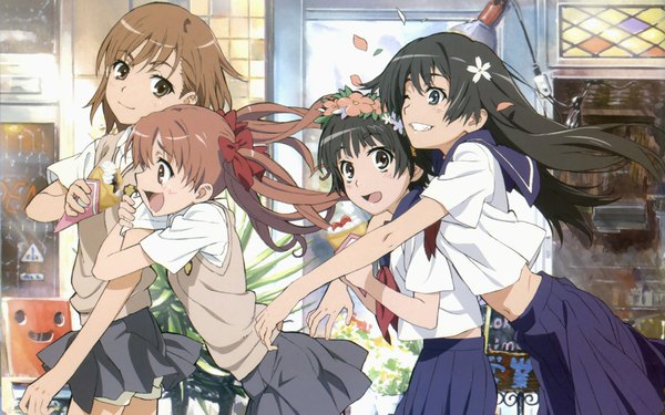 Anime picture 1920x1200 with to aru kagaku no railgun to aru majutsu no index j.c. staff misaka mikoto shirai kuroko saten ruiko uiharu kazari highres wide image multiple girls girl 4 girls