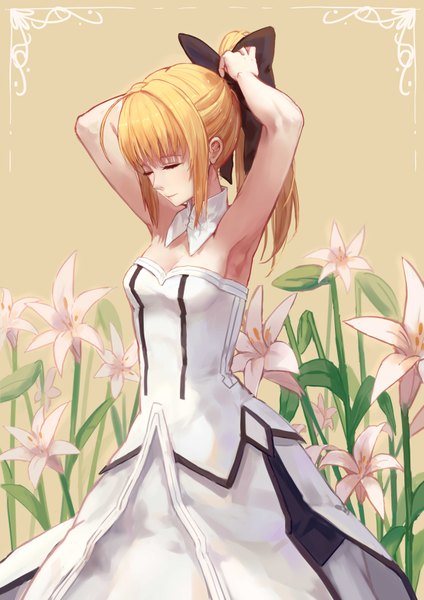 Anime picture 2480x3507 with fate (series) fate/stay night fate/unlimited codes type-moon artoria pendragon (all) saber saber lily hfp kubiao single long hair tall image blush fringe highres simple background blonde hair standing ponytail eyes closed armpit (armpits)