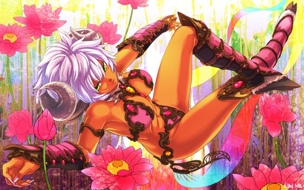 Anime picture 1680x1050 with original kibi mk wide image yellow eyes purple hair horn (horns) dark skin hooves girl flower (flowers)