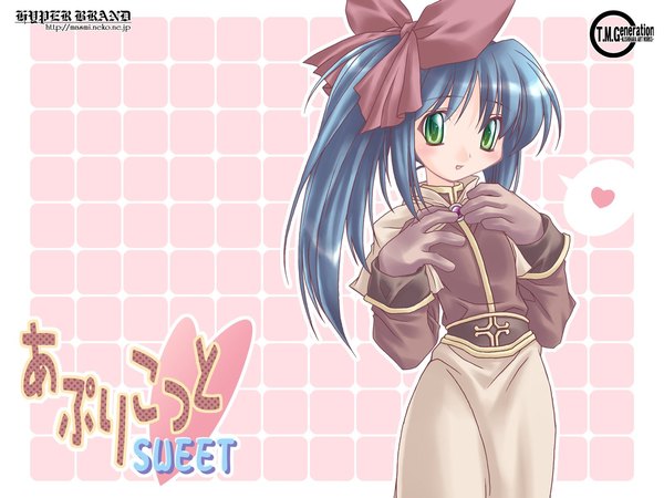 Anime picture 1600x1200 with ragnarok online acolyte (ragnarok online) ishihara masumi single long hair looking at viewer green eyes payot blue hair side ponytail girl gloves bow hair bow heart speech bubble