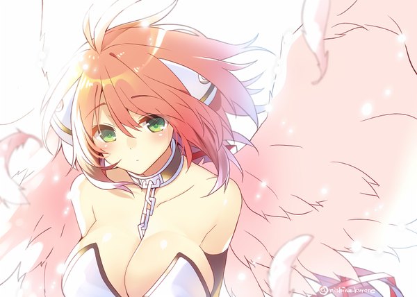 Anime picture 800x571 with sora no otoshimono ikaros mishima kurone single looking at viewer blush short hair breasts light erotic simple background twintails bare shoulders green eyes signed pink hair huge breasts angel wings girl wings chain