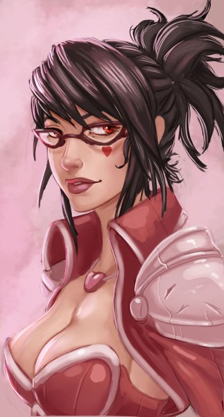 Anime picture 648x1201 with league of legends vayne (league of legends) carlos eduardo single tall image short hair breasts black hair red eyes looking away lips girl glasses