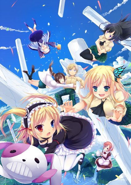 Anime picture 848x1200 with boku wa tomodachi ga sukunai kashiwazaki sena hasegawa kobato mikazuki yozora takayama maria shiguma rika kusunoki yukimura hasegawa kodaka liong (artist) long hair tall image blush short hair open mouth black hair blonde hair purple eyes multiple girls green eyes blue hair