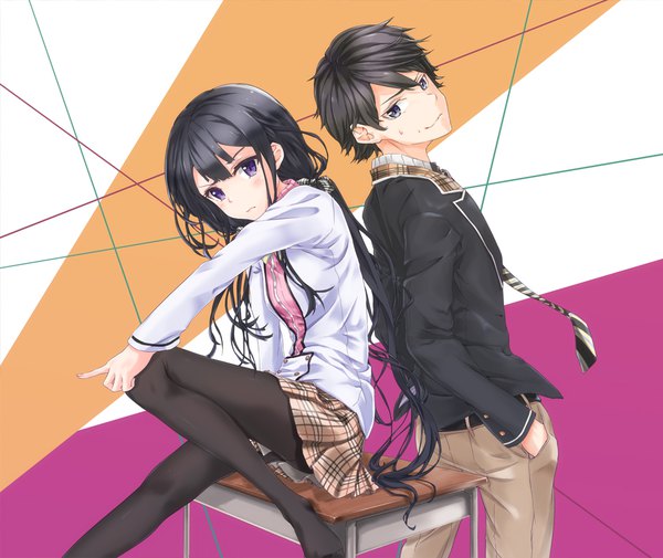 Anime picture 961x809 with masamune-kun no revenge silver link adagaki aki makabe masamune sahara386 long hair blush short hair black hair smile standing purple eyes head tilt black eyes couple hand in pocket hands in pockets back to back pointing frown