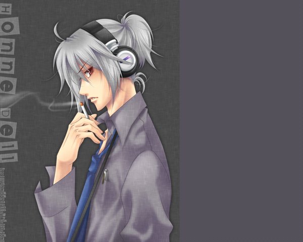 Anime picture 1200x960 with utau honne dell single red eyes ahoge tail grey hair smoke smoking boy shirt necktie headphones cigarette pen