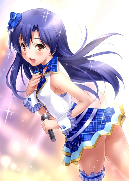 Anime picture 900x1262 with idolmaster kisaragi chihaya zen (kamuro) single long hair tall image looking at viewer blush open mouth light erotic brown eyes purple hair sparkle check my note girl skirt hair ornament miniskirt wrist cuffs vest