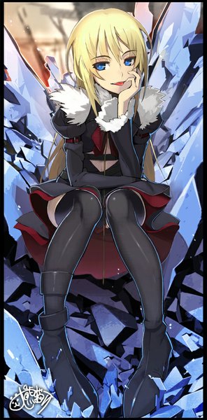 Anime picture 494x1000 with guilty crown guilty crown lost christmas production i.g present (guilty crown) ookuma (nitroplus) single long hair tall image looking at viewer open mouth blue eyes blonde hair sitting border chin rest girl tongue fur thigh boots debris
