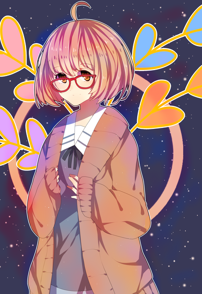 Anime picture 2031x2952 with kyoukai no kanata kyoto animation kuriyama mirai tadatsu tall image looking at viewer highres short hair brown eyes pink hair girl uniform school uniform glasses star (stars) sweater