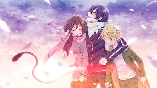 Anime picture 2400x1350 with noragami studio bones yato (noragami) iki hiyori yukine (noragami) hinano (pixiv2946956) long hair blush highres short hair open mouth blonde hair smile red eyes brown hair wide image blue hair looking away sky cloud (clouds)