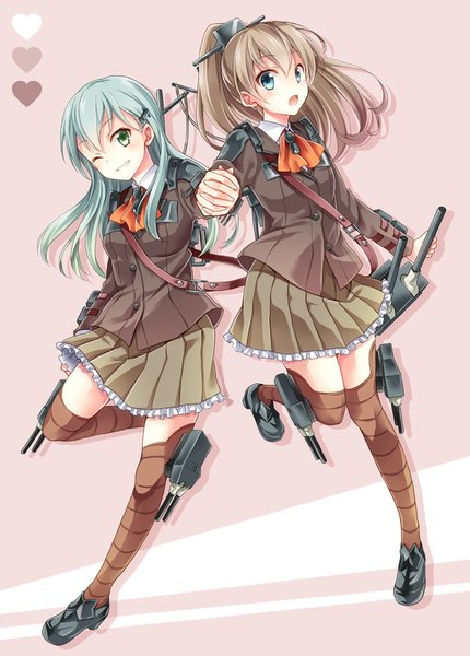 Anime picture 716x1000 with kantai collection suzuya heavy cruiser kumano heavy cruiser kubyou azami long hair tall image blue eyes smile brown hair multiple girls green eyes blue hair full body one eye closed wink holding hands girl thighhighs skirt weapon