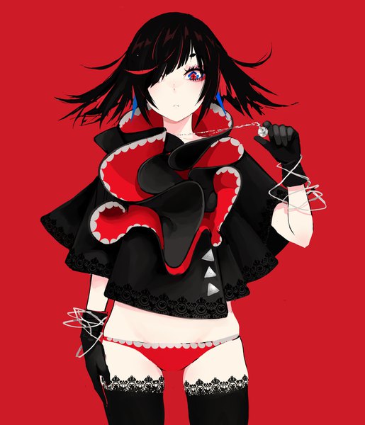 Anime picture 1372x1600 with original lam (ramdayo) single tall image looking at viewer fringe short hair light erotic simple background standing hair over one eye hand on hip symbol-shaped pupils red background multicolored eyes + + girl thighhighs gloves underwear