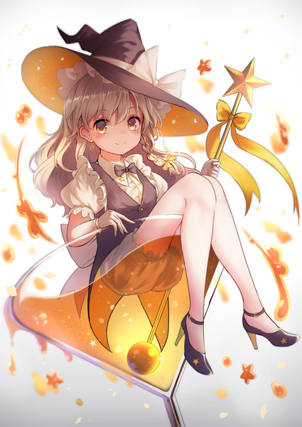 Anime picture 1032x1457 with touhou kirisame marisa pyonsuke (pyon2 mfg) single long hair tall image looking at viewer blush simple background blonde hair smile sitting holding yellow eyes bent knee (knees) braid (braids) blurry grey background high heels puffy sleeves