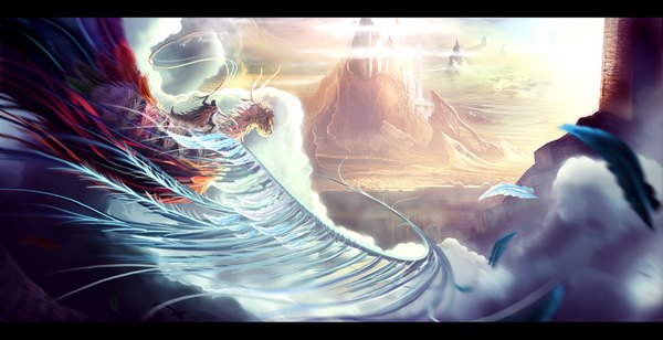 Anime picture 1600x823 with niltrace wide image cloud (clouds) city letterboxed mountain flying landscape fantasy feather (feathers) dragon castle whip