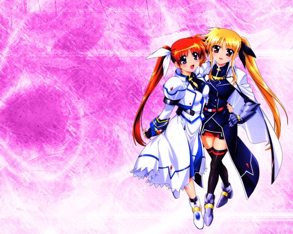 Anime picture 1280x1024 with mahou shoujo lyrical nanoha mahou shoujo lyrical nanoha strikers fate testarossa takamachi nanoha long hair twintails girl thighhighs