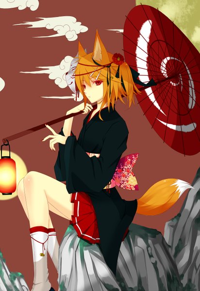 Anime picture 2031x2952 with vocaloid kagamine rin liuli (llc) single tall image highres red eyes cloud (clouds) nail polish japanese clothes animal tail hair flower orange hair legs fox ears fox tail fox girl mask on head girl hair ornament