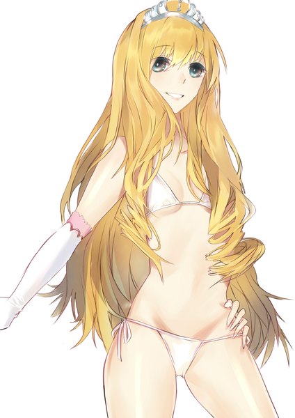 Anime picture 2480x3507 with amagi brilliant park kyoto animation latifa fleuranza messikid single long hair tall image fringe highres blue eyes light erotic simple background blonde hair smile hair between eyes standing white background looking away hand on hip drill hair