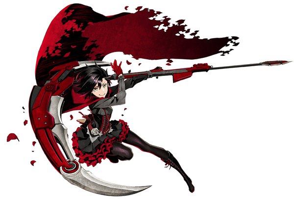Anime picture 1575x1066 with rwby rooster teeth ruby rose miwa shirow single looking at viewer fringe short hair black hair simple background smile hair between eyes white background full body long sleeves grey eyes gradient hair fighting stance girl dress