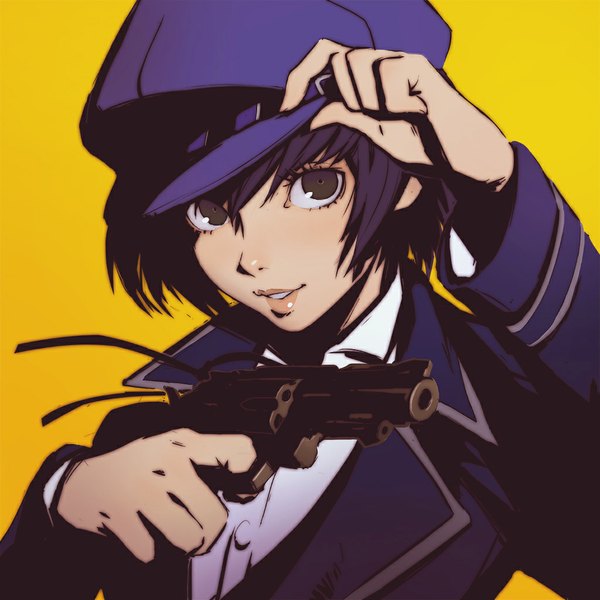 Anime picture 1024x1024 with persona 4 persona shirogane naoto ilya kuvshinov single looking at viewer blush fringe short hair simple background smile brown eyes purple hair upper body long sleeves parted lips yellow background adjusting hat girl weapon
