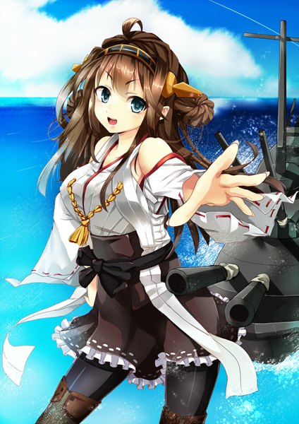 Anime picture 840x1188 with kantai collection kongou battleship abusoru single long hair tall image open mouth blue eyes brown hair sky cloud (clouds) ahoge nontraditional miko girl hair ornament weapon detached sleeves sea