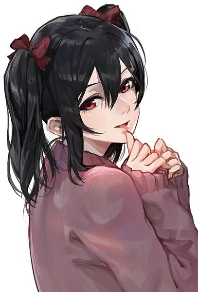 Anime picture 650x957 with love live! school idol project sunrise (studio) love live! yazawa nico modare single long hair tall image looking at viewer blush fringe open mouth black hair simple background smile red eyes white background twintails upper body long sleeves