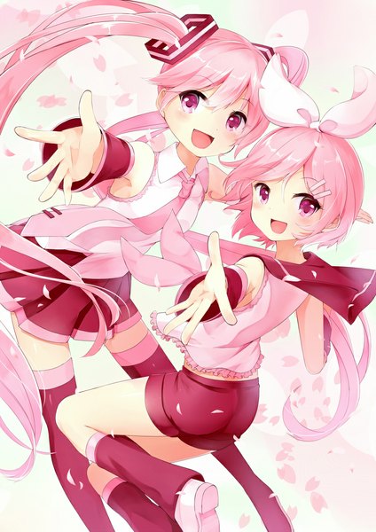 Anime picture 800x1131 with vocaloid hatsune miku sakura miku sakura rin hazuki natsu long hair tall image blush short hair open mouth red eyes white background twintails pink hair girl skirt hair ornament bow hair bow detached sleeves