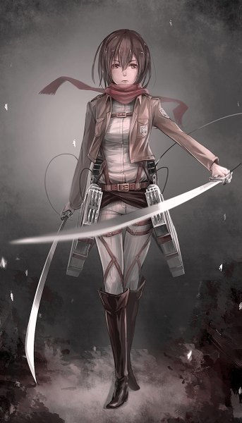Anime picture 687x1200 with shingeki no kyojin production i.g mikasa ackerman lif (lif-ppp) single tall image looking at viewer short hair simple background brown hair holding brown eyes grey background dual wielding girl weapon sword jacket scarf knee boots