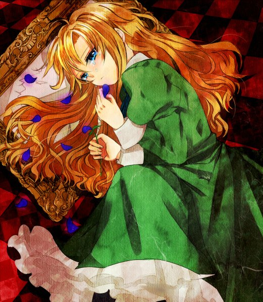 Anime picture 1050x1208 with ib (game) mary (ib) single long hair tall image blush blue eyes blonde hair lying tears checkered floor girl dress petals green dress