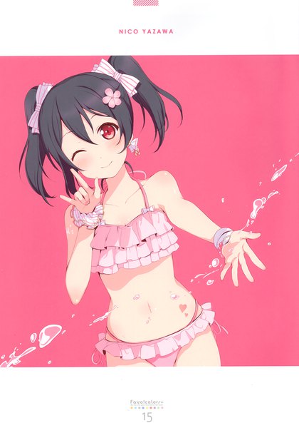 Anime picture 2389x3416 with love live! school idol project sunrise (studio) love live! yazawa nico 6u (eternal land) single tall image fringe highres short hair black hair smile hair between eyes red eyes twintails head tilt one eye closed hair flower wink character names