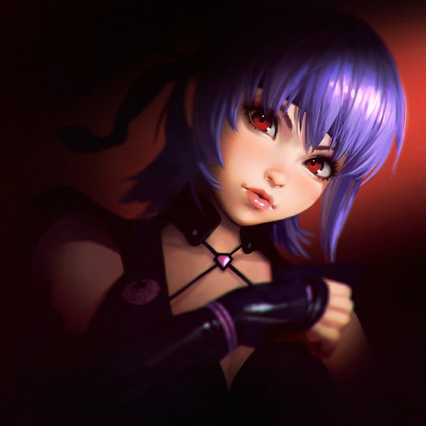 Anime picture 1080x1080 with dead or alive ayane (doa) ilya kuvshinov single looking at viewer fringe short hair simple background red eyes purple hair lips realistic hand on chest dark background girl gloves choker fingerless gloves pendant headband