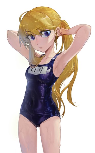 Anime picture 1000x1617 with original modare single long hair tall image fringe breasts blue eyes light erotic simple background blonde hair standing white background looking away ponytail armpit (armpits) wet arms behind head girl swimsuit