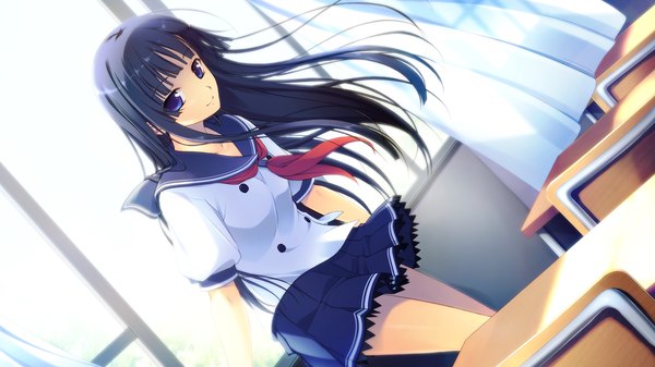 Anime picture 1280x720 with aete mushisuru kimi to no mirai misaki souka single long hair blue eyes black hair wide image game cg wind girl skirt uniform school uniform miniskirt serafuku desk