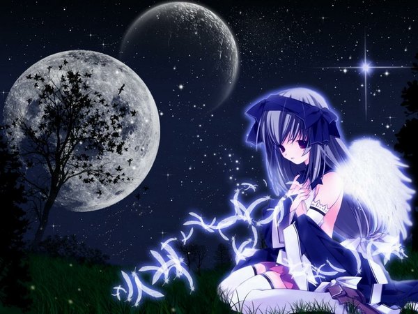 Anime picture 1024x768 with long hair night angel wings girl thighhighs bow white thighhighs moon feather (feathers)
