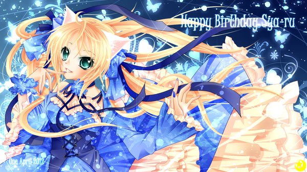 Anime picture 1920x1080 with original midzuki long hair blush highres blonde hair wide image animal ears aqua eyes cat ears finger to mouth girl dress bow ribbon (ribbons) hair bow hair ribbon frills insect butterfly