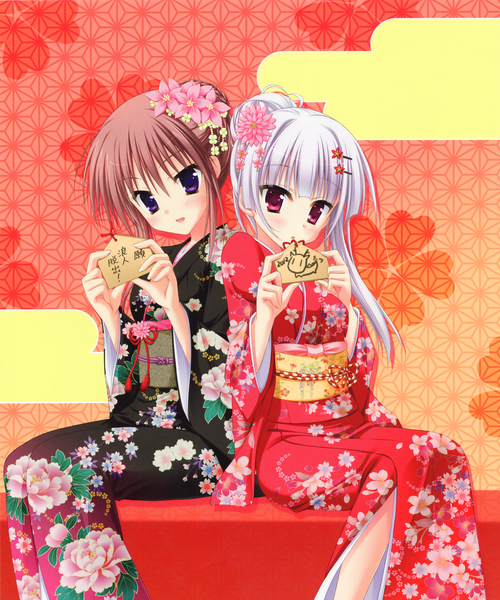 Anime picture 2500x3003 with hatsuyuki sakura saga planets (studio) kozakai aya tamaki sakura long hair tall image highres short hair red eyes brown hair purple eyes multiple girls white hair traditional clothes japanese clothes floral print girl hair ornament 2 girls kimono