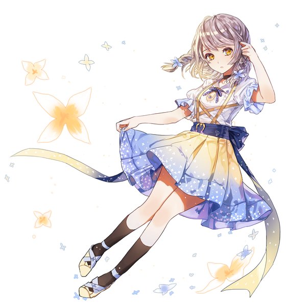 Anime picture 1200x1280 with original kim eb single tall image fringe simple background white background yellow eyes looking away silver hair full body braid (braids) hair flower short sleeves puffy sleeves twin braids adjusting hair spring girl dress