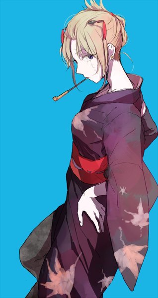 Anime picture 487x916 with gintama sunrise (studio) tsukuyo (gintama) urahara single tall image looking at viewer short hair simple background blonde hair purple eyes traditional clothes japanese clothes profile from above scar blue background hands on hips folded ponytail girl