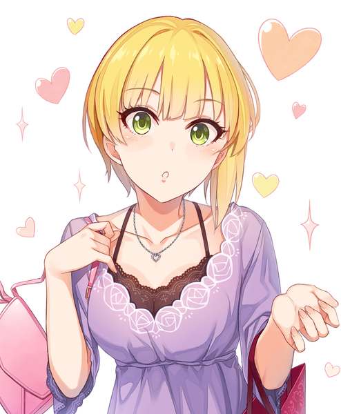 Anime picture 784x952 with idolmaster idolmaster cinderella girls miyamoto frederica yuuhi (ages) single tall image looking at viewer blush fringe short hair open mouth blonde hair white background green eyes upper body :o sparkle avenue mode girl heart