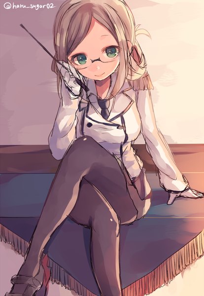 Anime picture 600x869 with kantai collection katori (kantai collection) shugao single long hair tall image looking at viewer light erotic smile brown hair sitting green eyes signed crossed legs girl gloves uniform pantyhose glasses white gloves